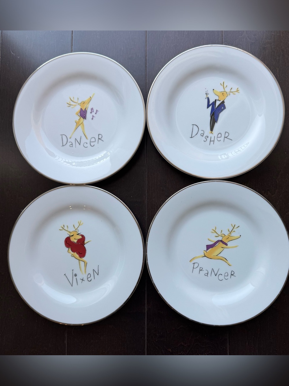 Pottery Barn Reindeer Dinner Plates 8.5" Set of 4 Dasher, Vixen, Prancer, Dancer
